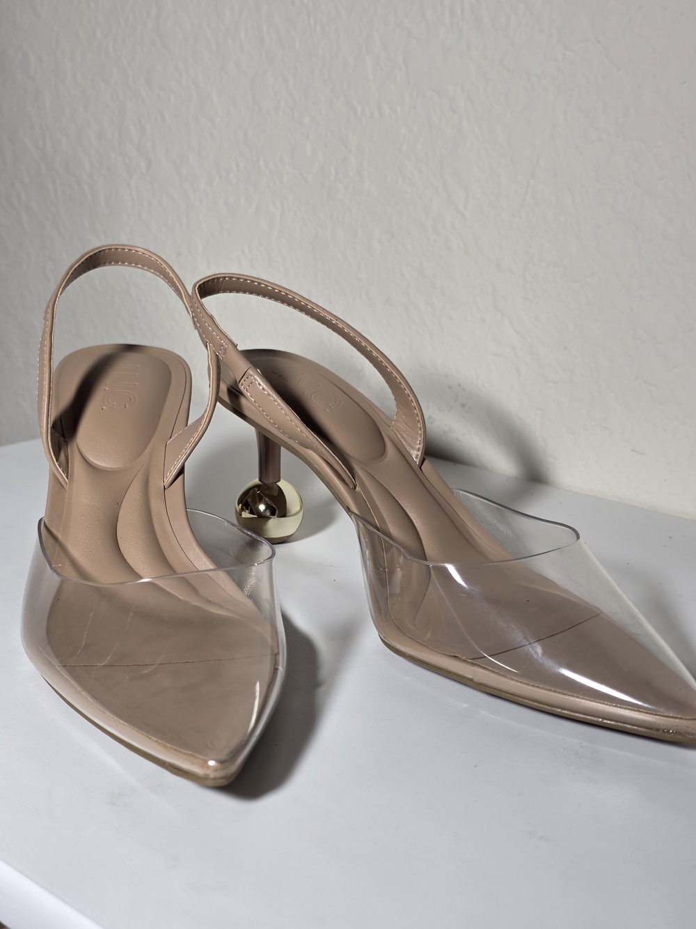 INC International Concepts Nude Clear Slingback Heels with Gold Accent Size 7.5